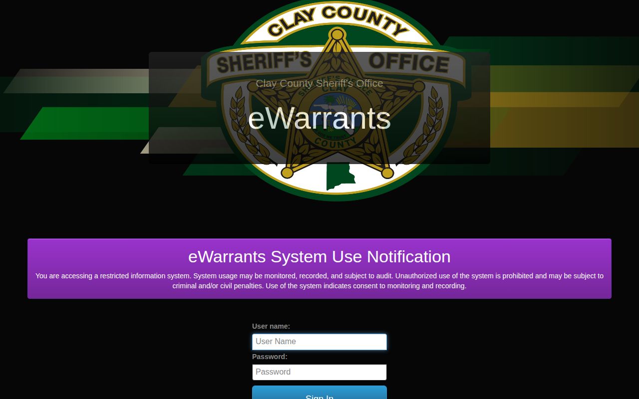 Restricted Clay County arrest warrant portal